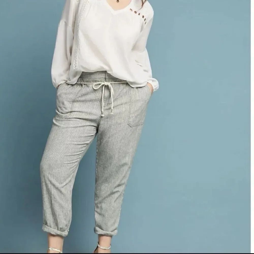 ANTHROPOLOGIE Seashore Linen Pants Green White Stripe Women’s Size Small